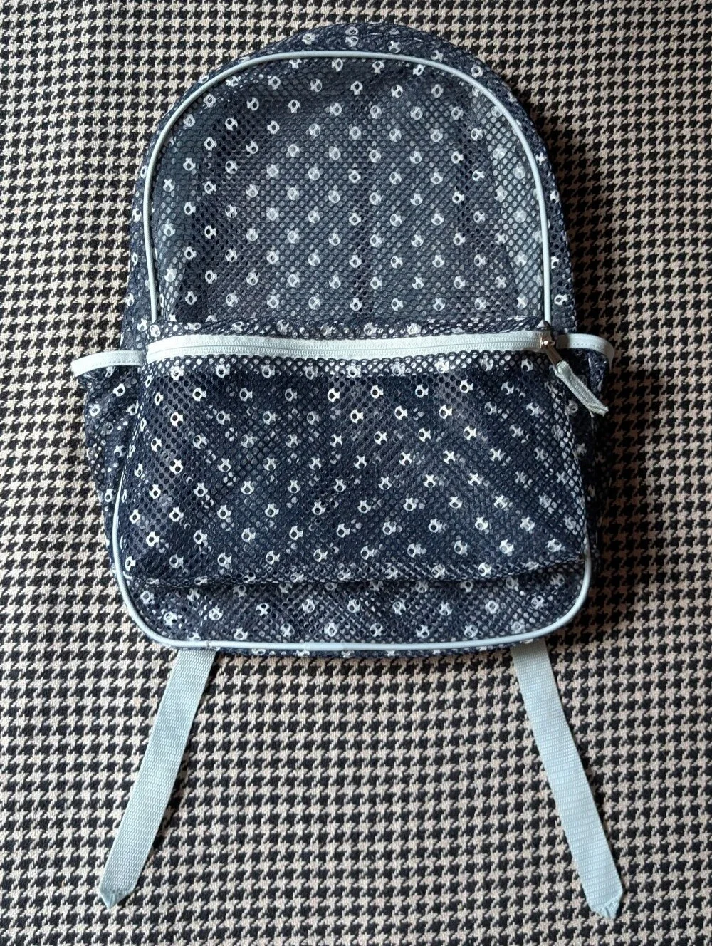 large navy blue, white, & light blue polka dot mesh see-through backpack